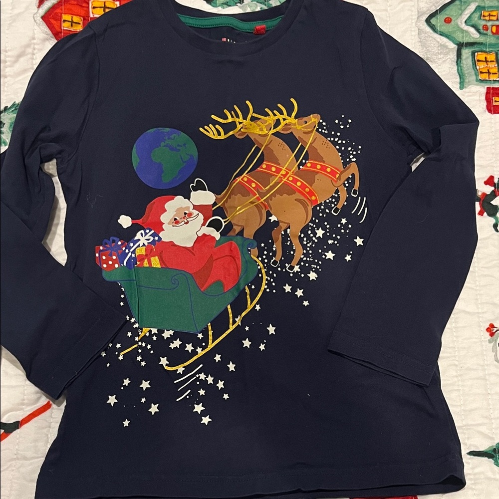 Mini Boden Navy Santa and Reindeer Long Sleeve Tee